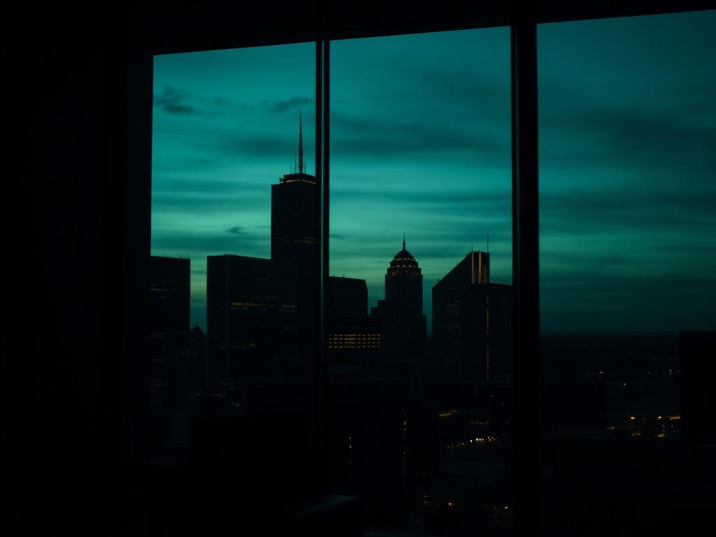 Executive cannabis accounting office overlooking the Detroit skyline at dusk