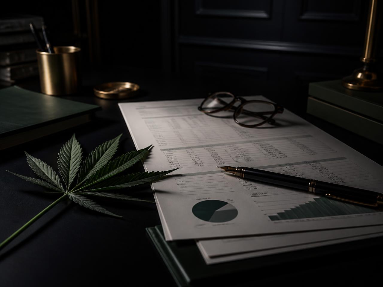 Financial statements, fountain pen, and a cannabis leaf on a dark executive desk